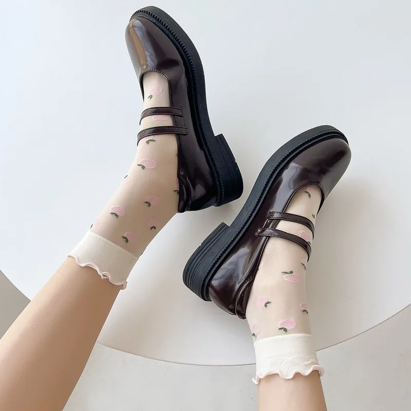 Dopamine JK Kawaii Fruit Ruffled Cute Silk Socks Women Summer Thin Breathable Flower Crystal Sexy Transparent Female Lace Socks