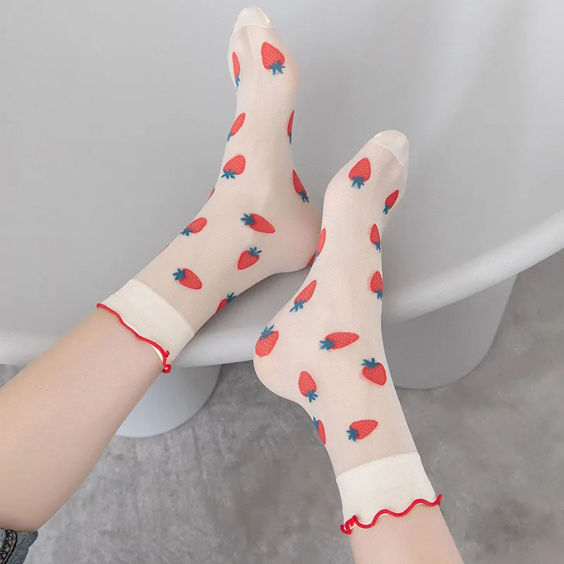 Dopamine JK Kawaii Fruit Ruffled Cute Silk Socks Women Summer Thin Breathable Flower Crystal Sexy Transparent Female Lace Socks