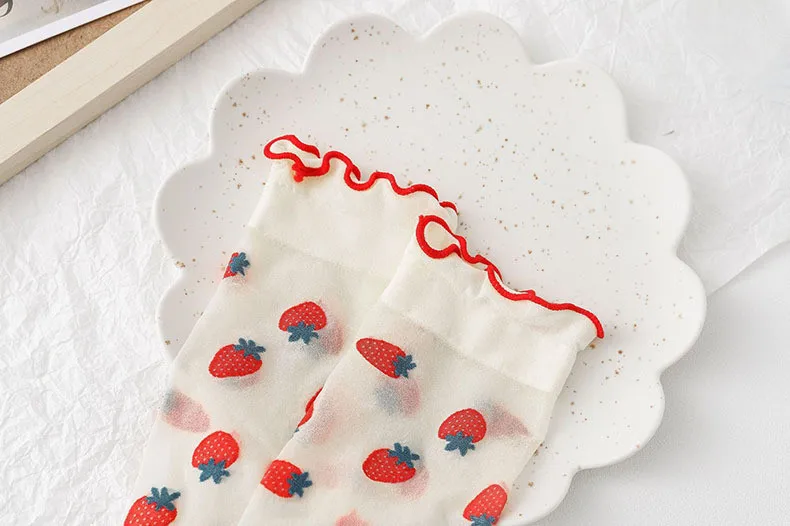Dopamine JK Kawaii Fruit Ruffled Cute Silk Socks Women Summer Thin Breathable Flower Crystal Sexy Transparent Female Lace Socks