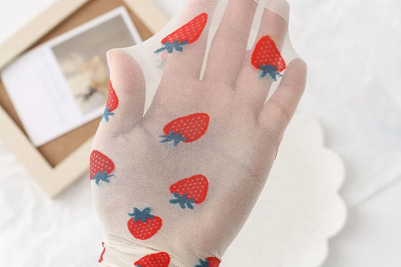 Dopamine JK Kawaii Fruit Ruffled Cute Silk Socks Women Summer Thin Breathable Flower Crystal Sexy Transparent Female Lace Socks