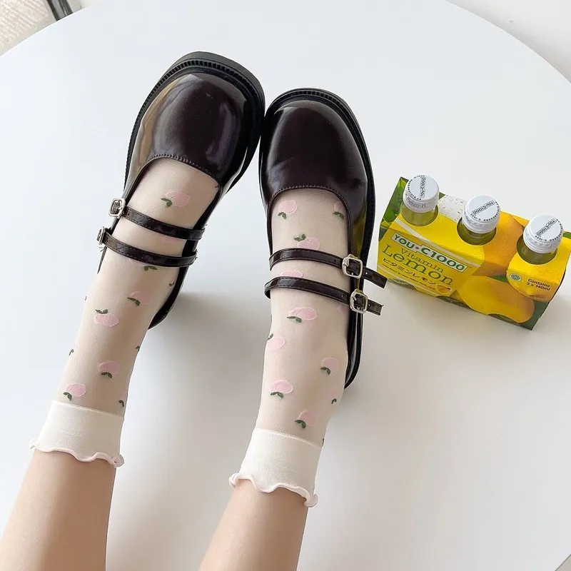 Dopamine JK Kawaii Fruit Ruffled Cute Silk Socks Women Summer Thin Breathable Flower Crystal Sexy Transparent Female Lace Socks