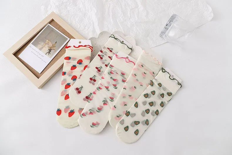 Dopamine JK Kawaii Fruit Ruffled Cute Silk Socks Women Summer Thin Breathable Flower Crystal Sexy Transparent Female Lace Socks