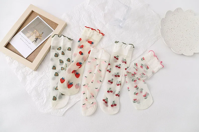 Dopamine JK Kawaii Fruit Ruffled Cute Silk Socks Women Summer Thin Breathable Flower Crystal Sexy Transparent Female Lace Socks