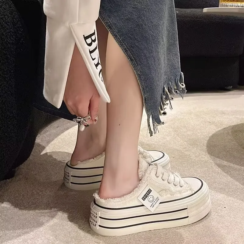 Women's Baotou Slippers Autumn New Round Head Lace-up Canvas Shoes No Heel Lazy Thick Sole Half Drag