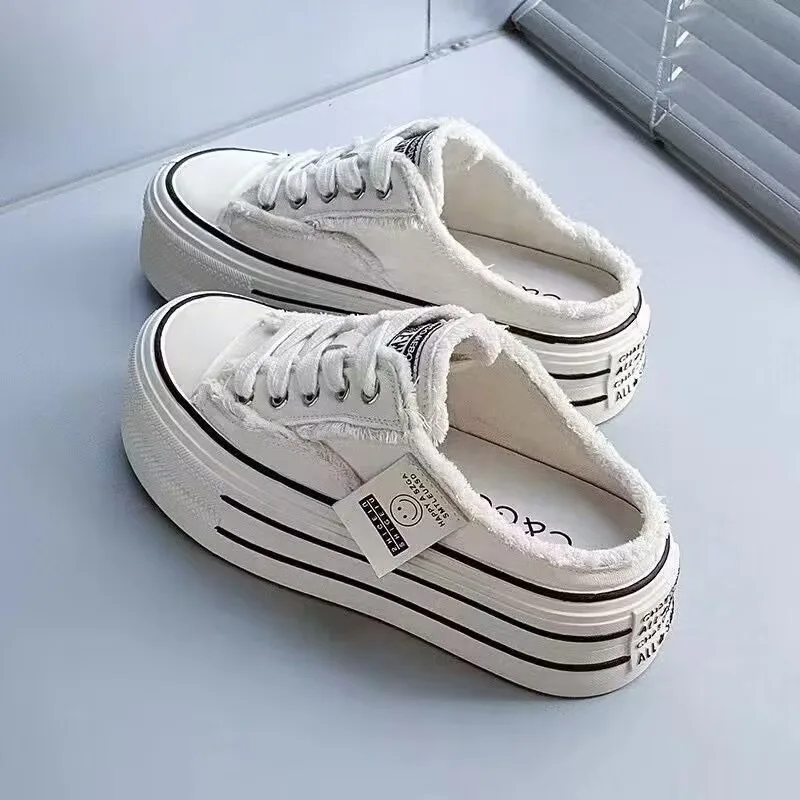 Women's Baotou Slippers Autumn New Round Head Lace-up Canvas Shoes No Heel Lazy Thick Sole Half Drag