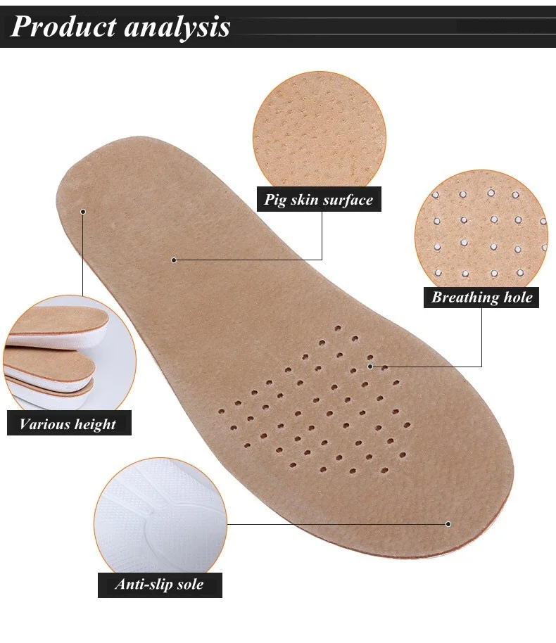 1Pair Height Increase Insole Men Woman Comfort Orthopedic Shoes Insoles Genuine Leather Non-Slip Shoe Pads Arch Support Inserts