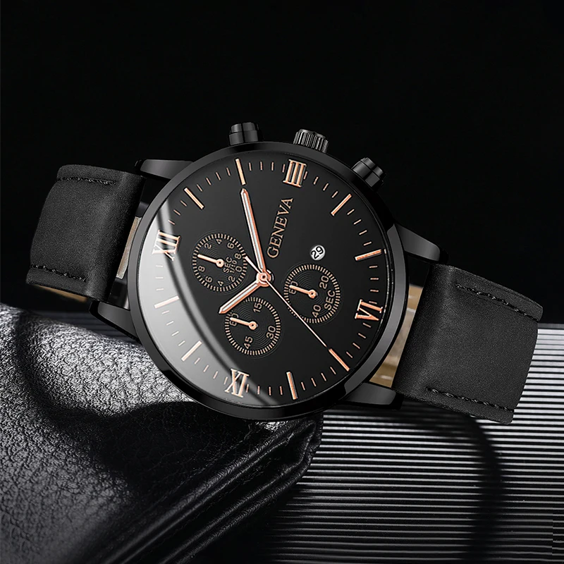 1/3PCS Men's Watch Casual Leather Band Analog Quartz Watches with Calendar