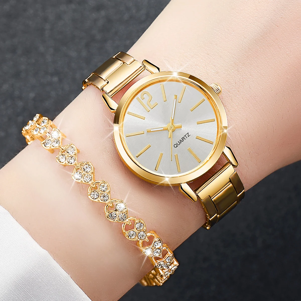 6PCS/Set Women's Watch Fashion Steel Band Quartz Watches Diamond Bracelets Set(Without Box)