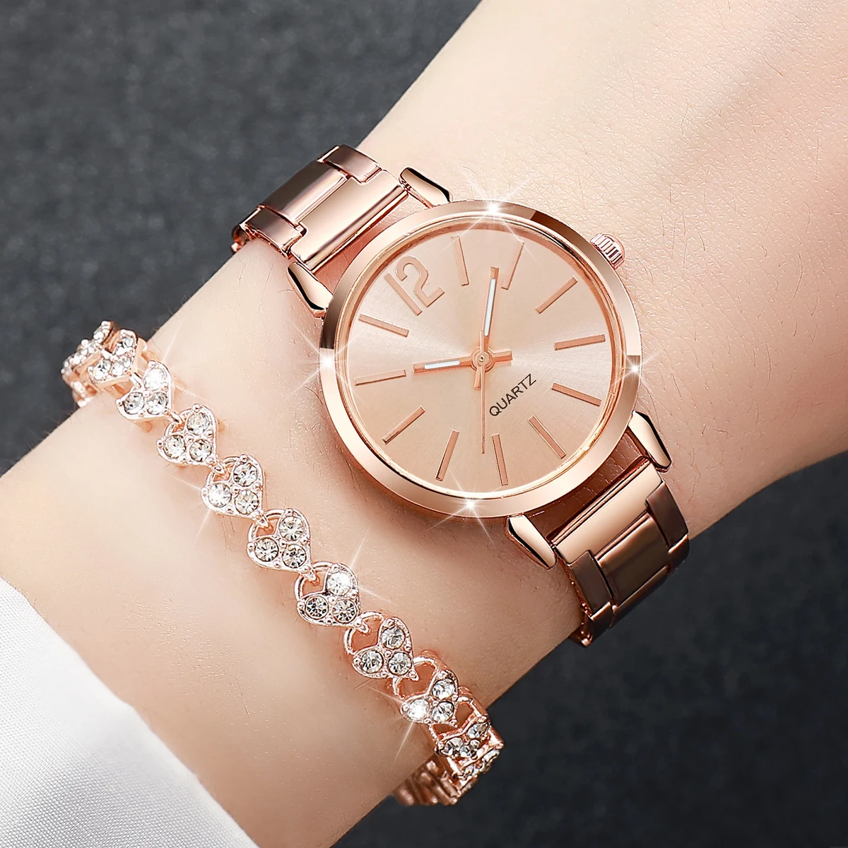 6PCS/Set Women's Watch Fashion Steel Band Quartz Watches Diamond Bracelets Set(Without Box)