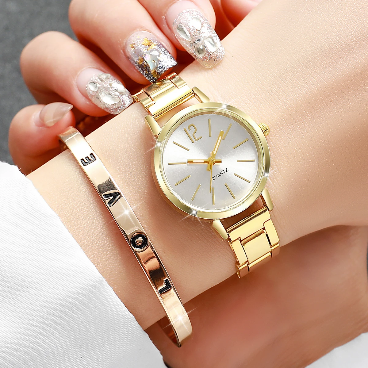 6PCS/Set Women's Watch Fashion Steel Band Quartz Watches Diamond Bracelets Set(Without Box)