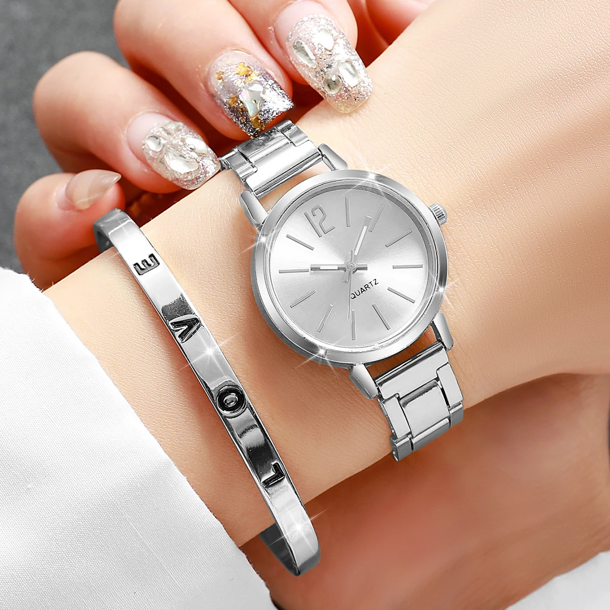 6PCS/Set Women's Watch Fashion Steel Band Quartz Watches Diamond Bracelets Set(Without Box)