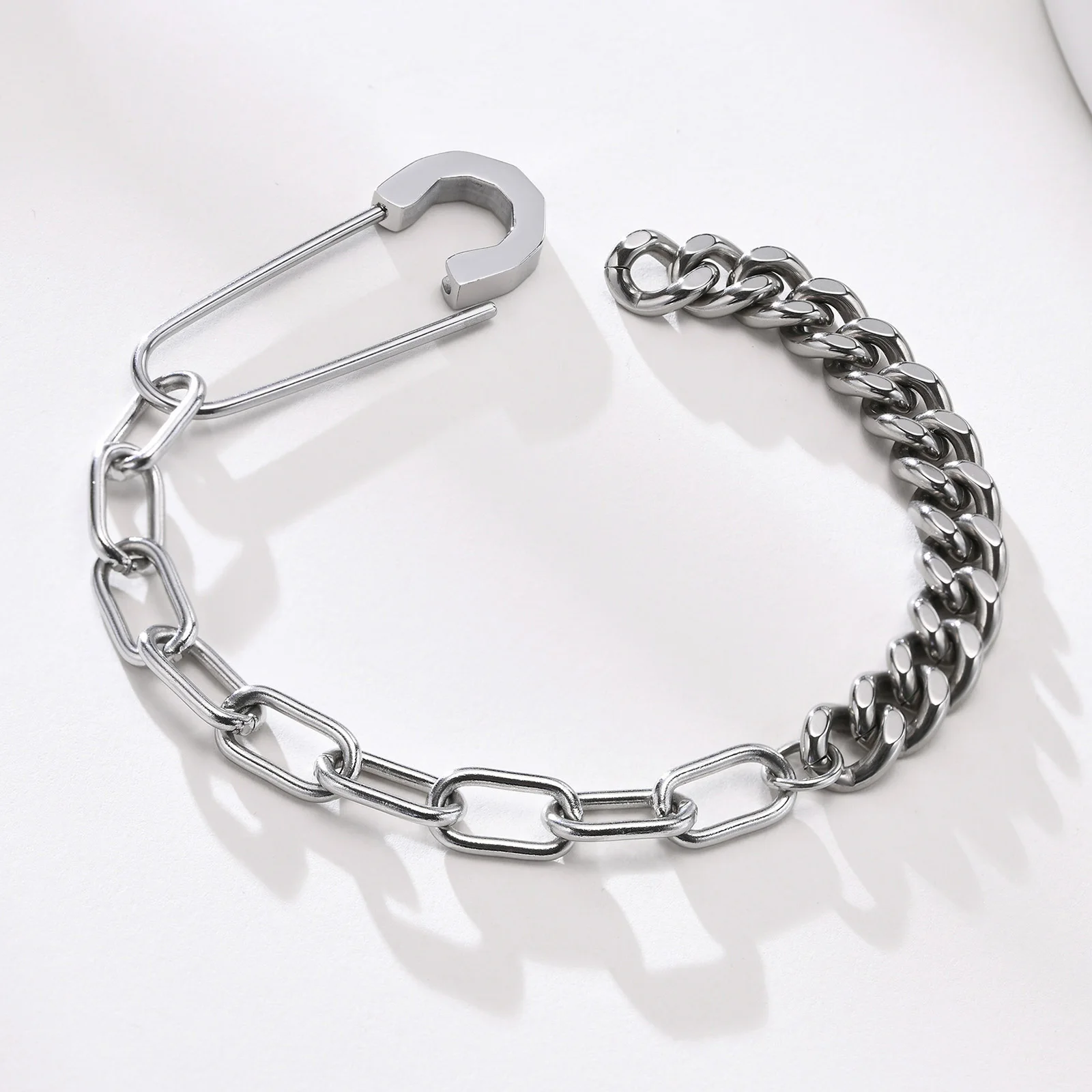 Bracelet Mens, Stainless Steel,Safety Pin with Half Cuban Chain, Half Rectangle Link Bracelets of Men Jewelry