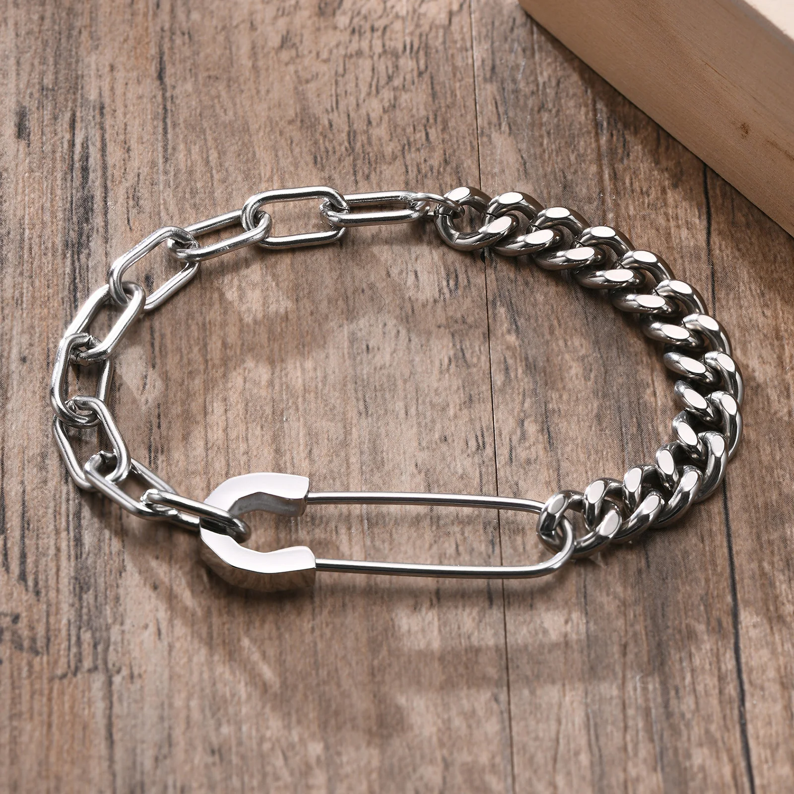 Bracelet Mens, Stainless Steel,Safety Pin with Half Cuban Chain, Half Rectangle Link Bracelets of Men Jewelry