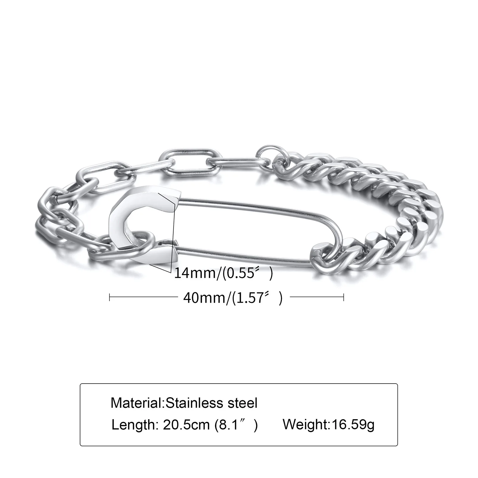 Bracelet Mens, Stainless Steel,Safety Pin with Half Cuban Chain, Half Rectangle Link Bracelets of Men Jewelry