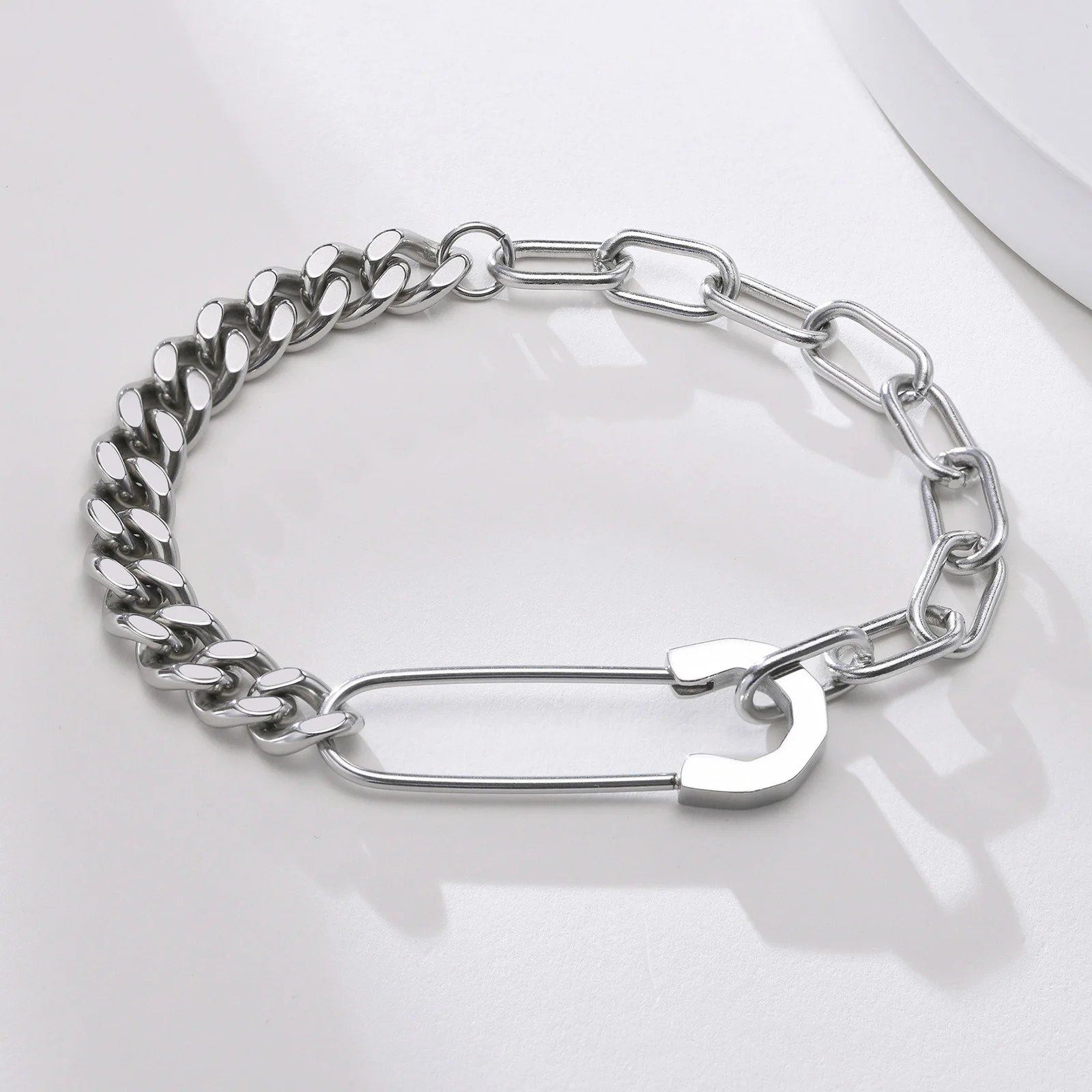 Bracelet Mens, Stainless Steel,Safety Pin with Half Cuban Chain, Half Rectangle Link Bracelets of Men Jewelry