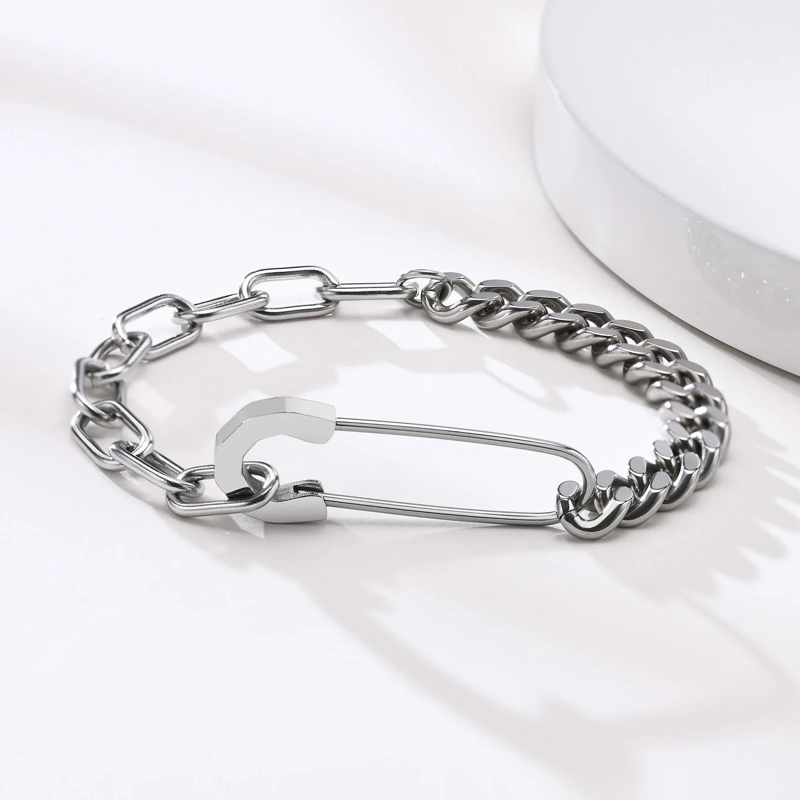 Bracelet Mens, Stainless Steel,Safety Pin with Half Cuban Chain, Half Rectangle Link Bracelets of Men Jewelry