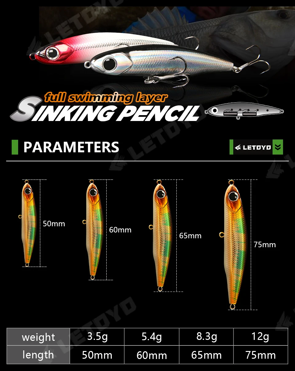 LETOYO Sinking Pencil 17g 12g-3.5g Artificial bait hard baits trout bass lures Wobblers for Pike fishing lure spinning stickbait