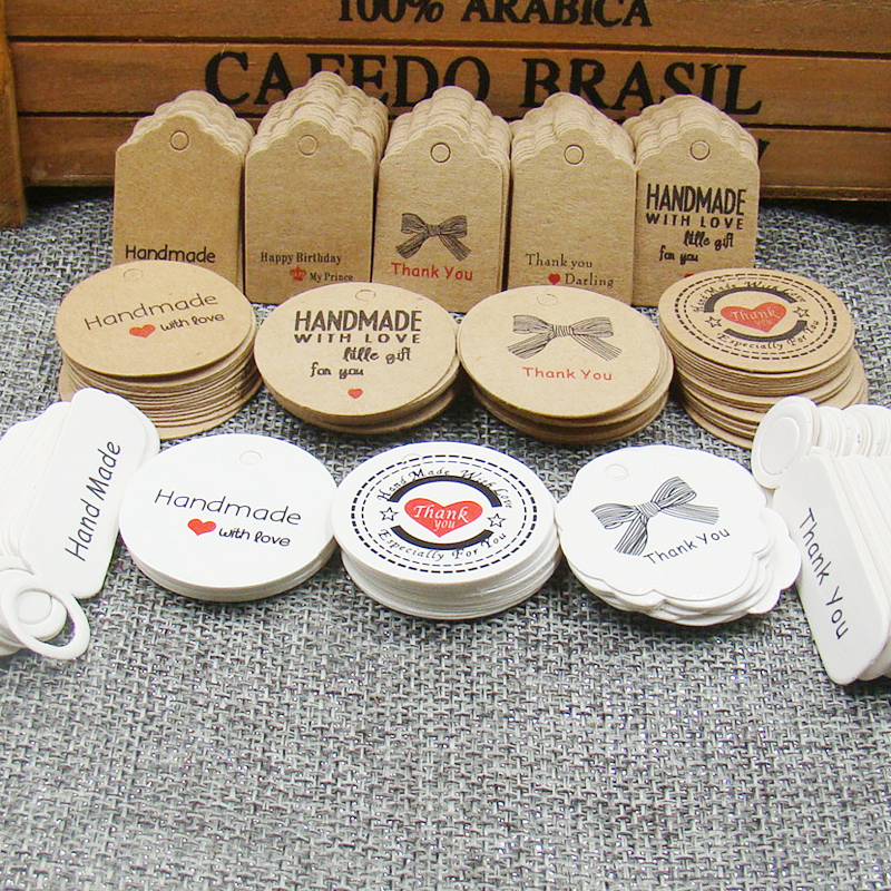 100pcs Kraft Paper Tags with Strings Handmade with Love Hang Tags Garment Tags for Candy/Gift/Cookies Display Packing Label Card