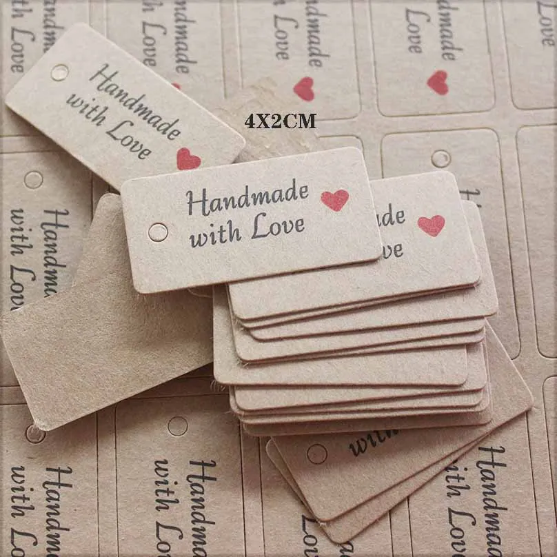 100pcs Kraft Paper Tags with Strings Handmade with Love Hang Tags Garment Tags for Candy/Gift/Cookies Display Packing Label Card