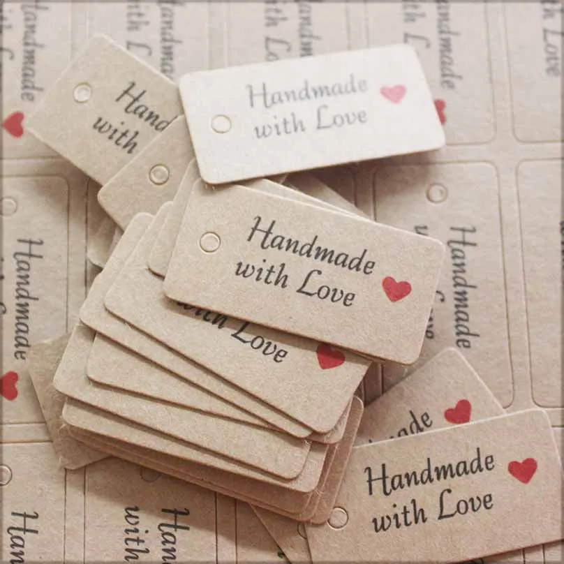 100pcs Kraft Paper Tags with Strings Handmade with Love Hang Tags Garment Tags for Candy/Gift/Cookies Display Packing Label Card