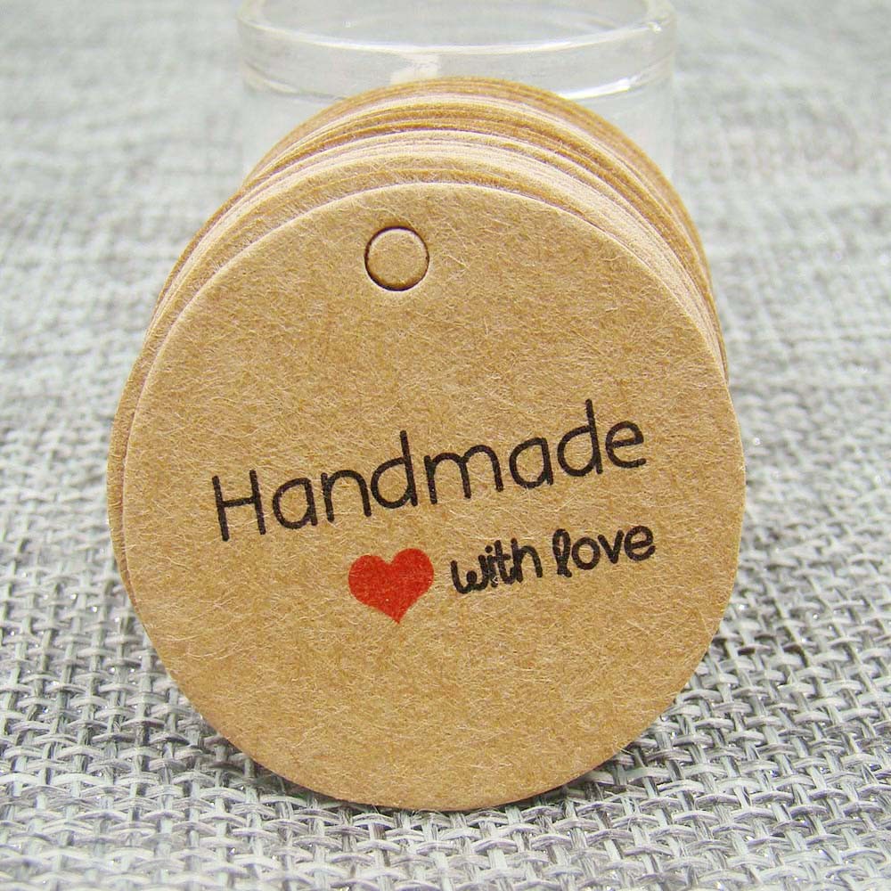 100pcs Kraft Paper Tags with Strings Handmade with Love Hang Tags Garment Tags for Candy/Gift/Cookies Display Packing Label Card