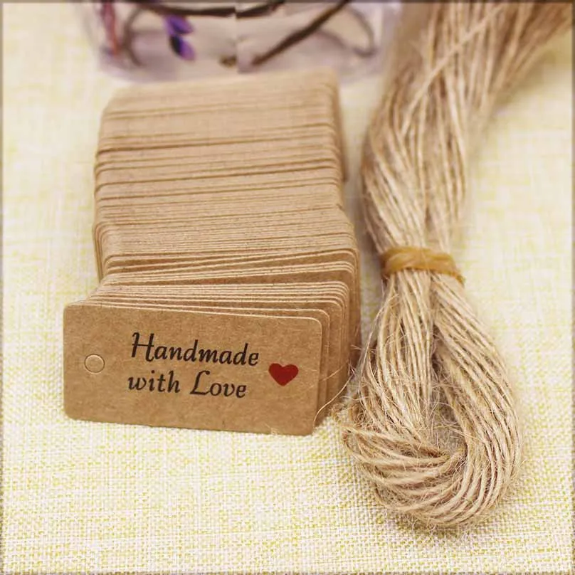 100pcs Kraft Paper Tags with Strings Handmade with Love Hang Tags Garment Tags for Candy/Gift/Cookies Display Packing Label Card