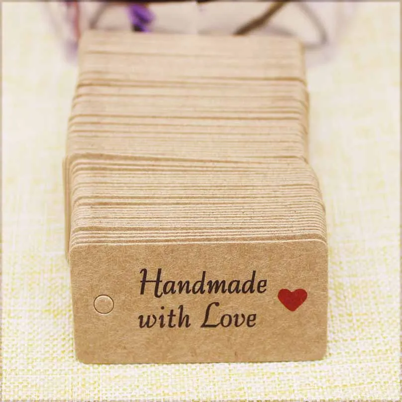 100pcs Kraft Paper Tags with Strings Handmade with Love Hang Tags Garment Tags for Candy/Gift/Cookies Display Packing Label Card