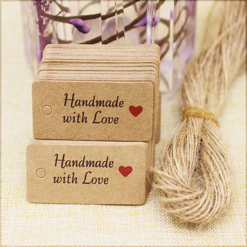 100pcs Kraft Paper Tags with Strings Handmade with Love Hang Tags Garment Tags for Candy/Gift/Cookies Display Packing Label Card