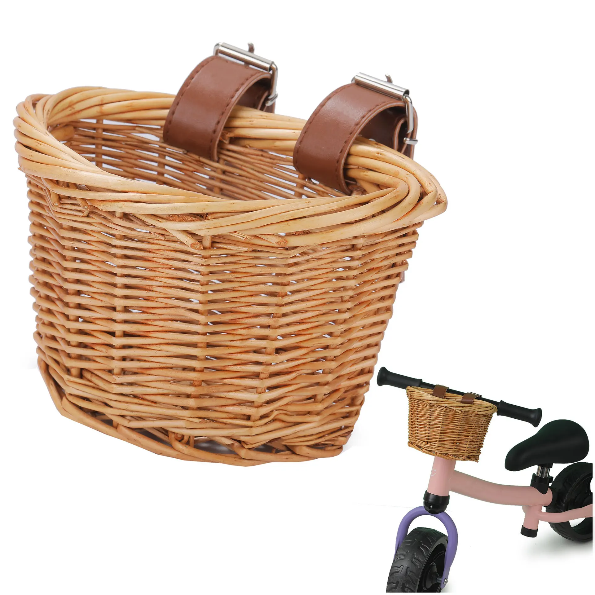 Kids Bike Basket Bicycle Wicker D-shaped Baskets Child Scooter Front Storage Basket With 2 Leather Strap For Cycling Accessories