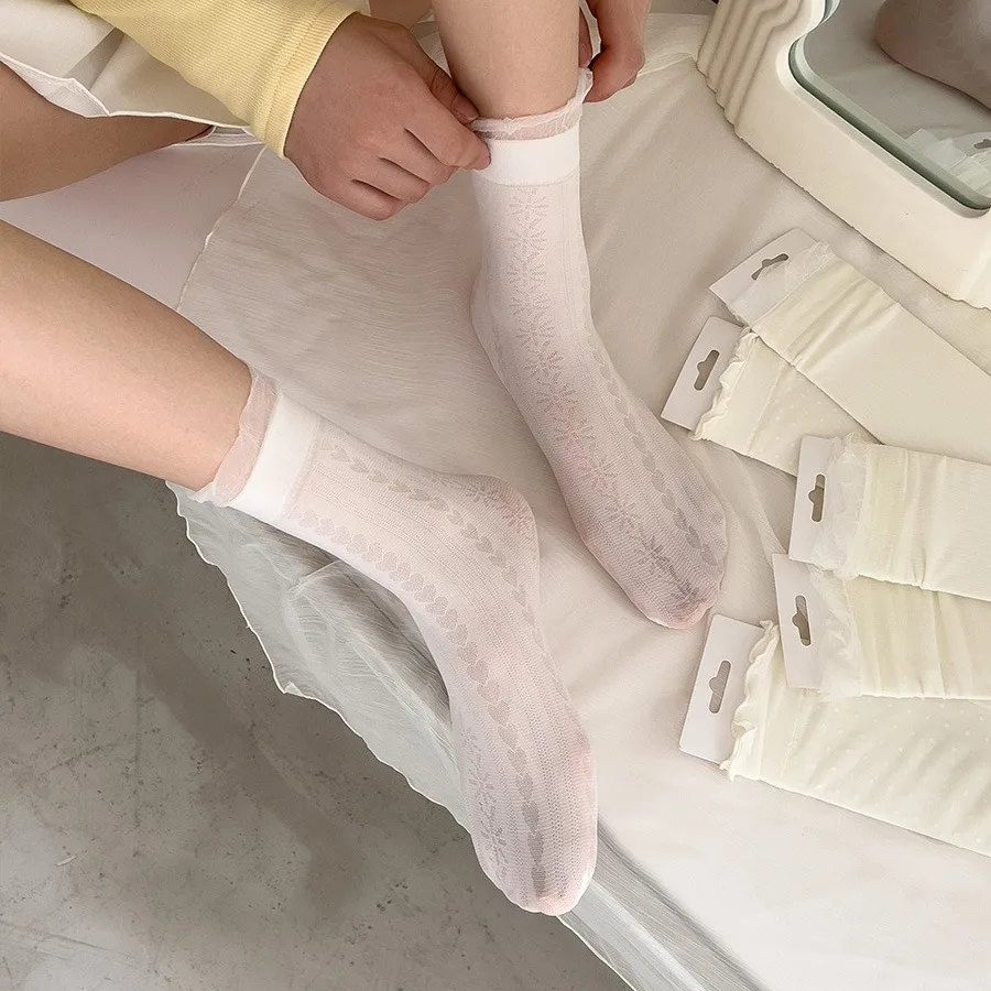 1/3pairs Women Summer Socks Mesh Lace Sexy Ultra-thin Transparent Soft Short Sock Stretch Ankle Lolita Sox Harajuku Retro Sock