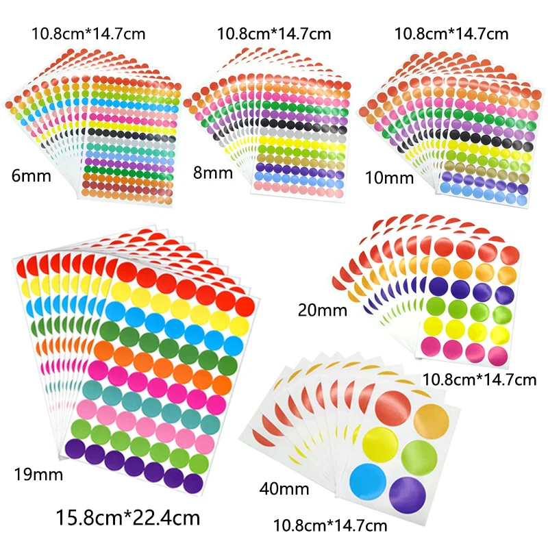 6mm 8mm 10mm 19mm 20mm 40mm Colored Dot Stickers Polka Circle Office Classroom Party Decoration Toys Diary Decoration Sticker