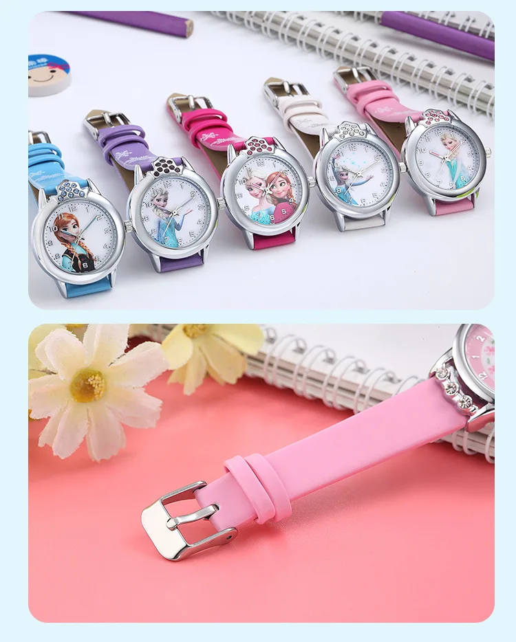 Elsa Watch Girls Elsa Princess Kids Watches Leather Strap Cute Children's Cartoon Wristwatches Gifts for Kids Girl Frozen Clock