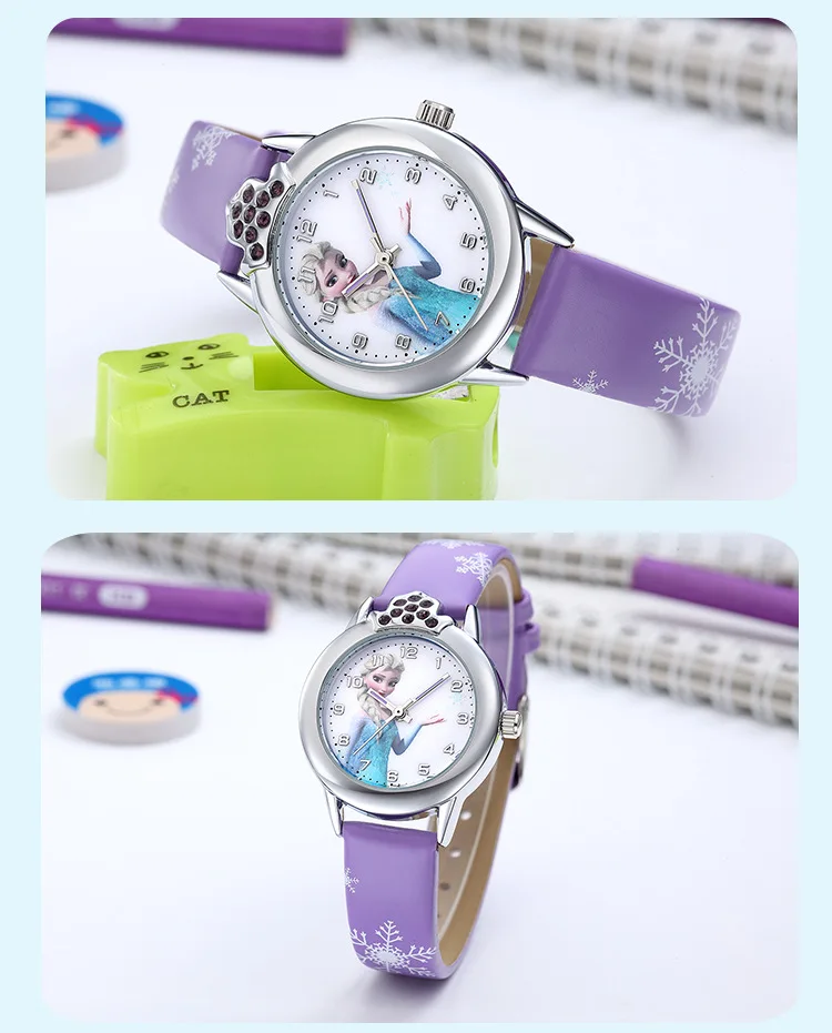 Elsa Watch Girls Elsa Princess Kids Watches Leather Strap Cute Children's Cartoon Wristwatches Gifts for Kids Girl Frozen Clock