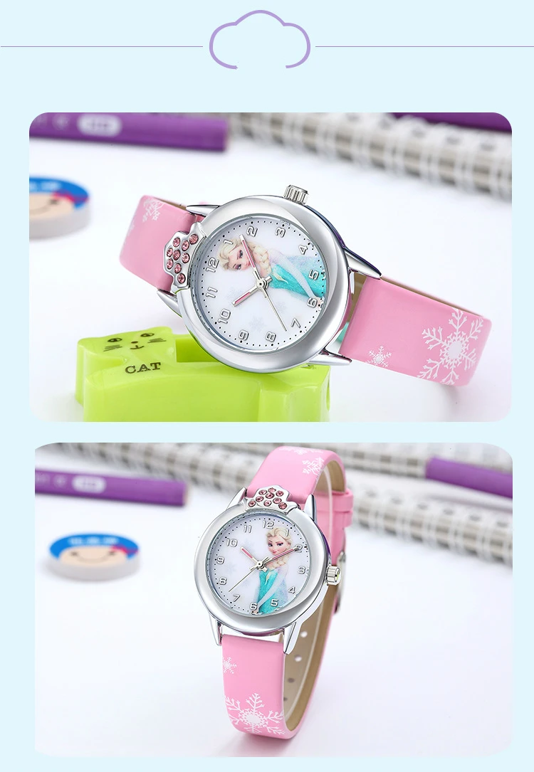 Elsa Watch Girls Elsa Princess Kids Watches Leather Strap Cute Children's Cartoon Wristwatches Gifts for Kids Girl Frozen Clock