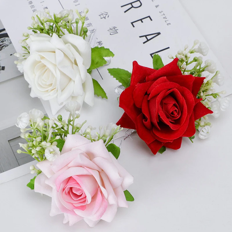 6PCS/set Rose Corsage Flower Boutonniere for Men Groom Prom Cocktail Party Artificial Flower Wedding Graduation Event Flower