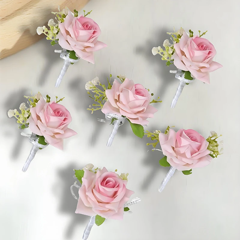 6PCS/set Rose Corsage Flower Boutonniere for Men Groom Prom Cocktail Party Artificial Flower Wedding Graduation Event Flower