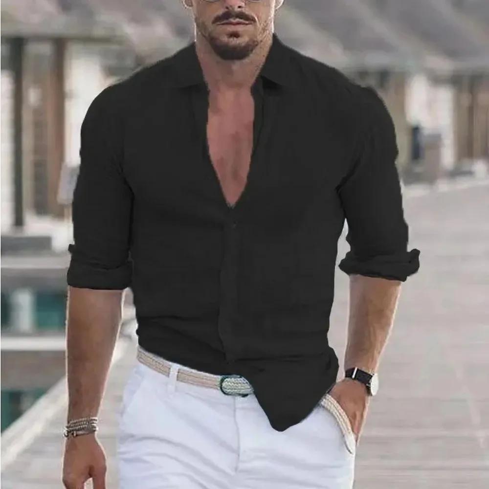New Men's Shirt Cotton linen Casual Polo Neck Beach Shirt Long Sleeve Solid Hawaiian Holiday Shirts Streetwear