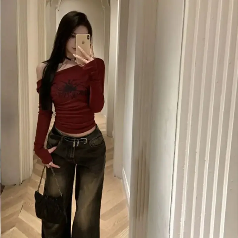 Women Y2K Gothic Grunge T Shirts Off Shoulder 2023 Autumn Streetwear Fairycore Hip Hop Tops Punk Casual Tees Female Clothes