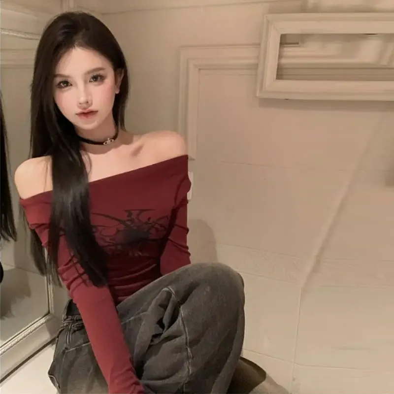 Women Y2K Gothic Grunge T Shirts Off Shoulder 2023 Autumn Streetwear Fairycore Hip Hop Tops Punk Casual Tees Female Clothes