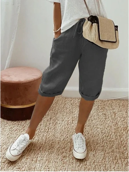 2024 Summer Middle Pants Women's Solid Color Pocket Elastic Shorts Casual Fashion Sports Shorts Cotton Beach Shorts