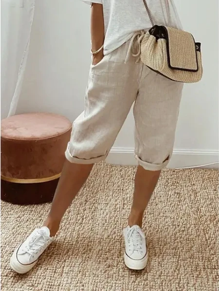 2024 Summer Middle Pants Women's Solid Color Pocket Elastic Shorts Casual Fashion Sports Shorts Cotton Beach Shorts