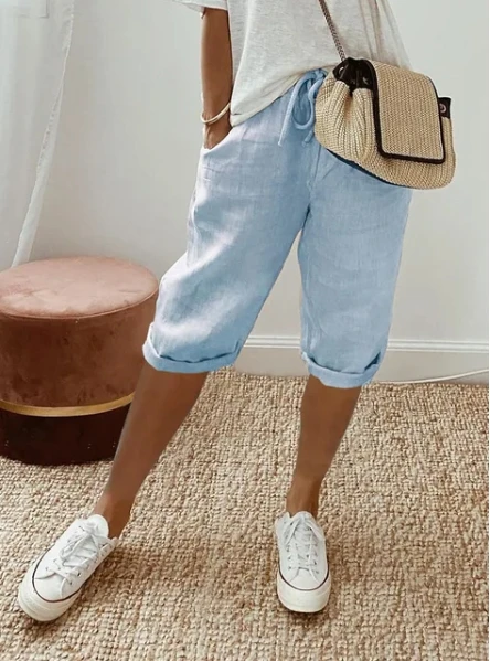 2024 Summer Middle Pants Women's Solid Color Pocket Elastic Shorts Casual Fashion Sports Shorts Cotton Beach Shorts