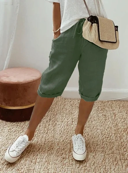 2024 Summer Middle Pants Women's Solid Color Pocket Elastic Shorts Casual Fashion Sports Shorts Cotton Beach Shorts