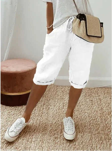 2024 Summer Middle Pants Women's Solid Color Pocket Elastic Shorts Casual Fashion Sports Shorts Cotton Beach Shorts