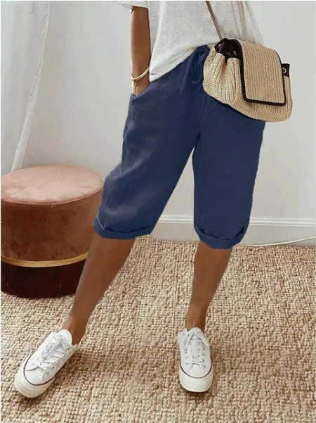 2024 Summer Middle Pants Women's Solid Color Pocket Elastic Shorts Casual Fashion Sports Shorts Cotton Beach Shorts