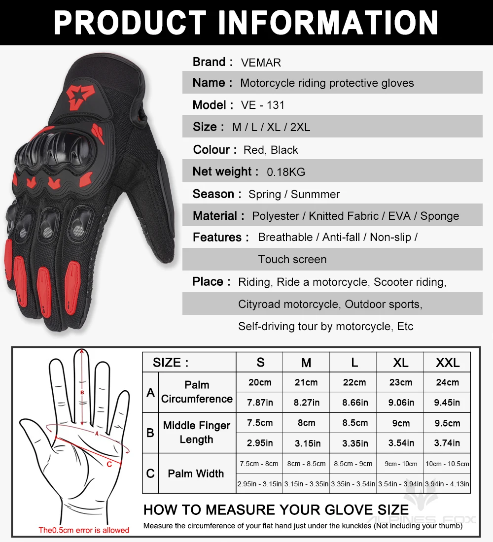 VEMAR Summer Motorcycle Gloves Men Black Full Finger Touchscreen Cycling ATV MTB Guantes Moto Luvas Bike Riding Glove Women Red