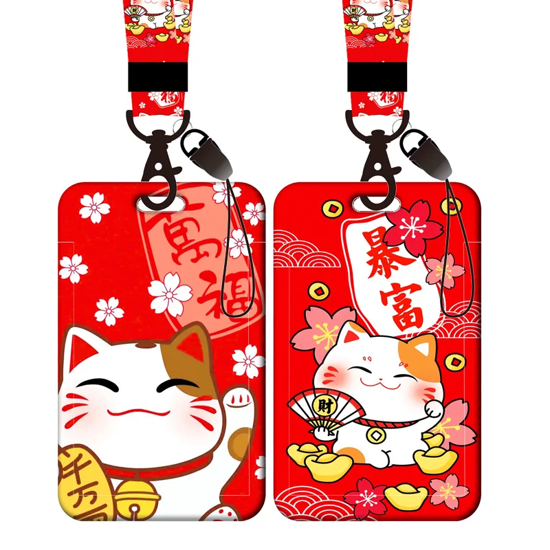Lucky Cat ID Card Holder Lanyard Plutus Cat Bank Card Case Neck Strap Red Card Protectors Badge Credential Holders Keychain