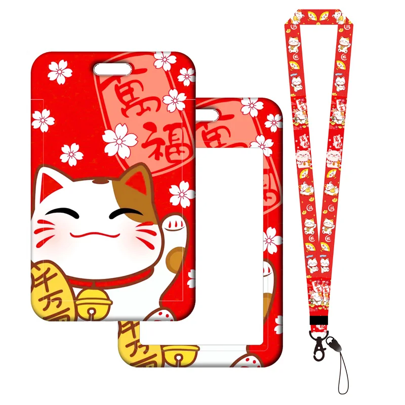 Lucky Cat ID Card Holder Lanyard Plutus Cat Bank Card Case Neck Strap Red Card Protectors Badge Credential Holders Keychain