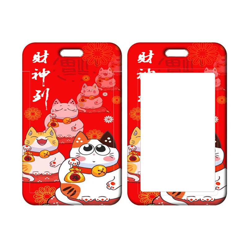Lucky Cat ID Card Holder Lanyard Plutus Cat Bank Card Case Neck Strap Red Card Protectors Badge Credential Holders Keychain