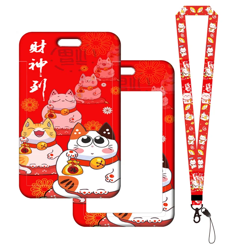 Lucky Cat ID Card Holder Lanyard Plutus Cat Bank Card Case Neck Strap Red Card Protectors Badge Credential Holders Keychain